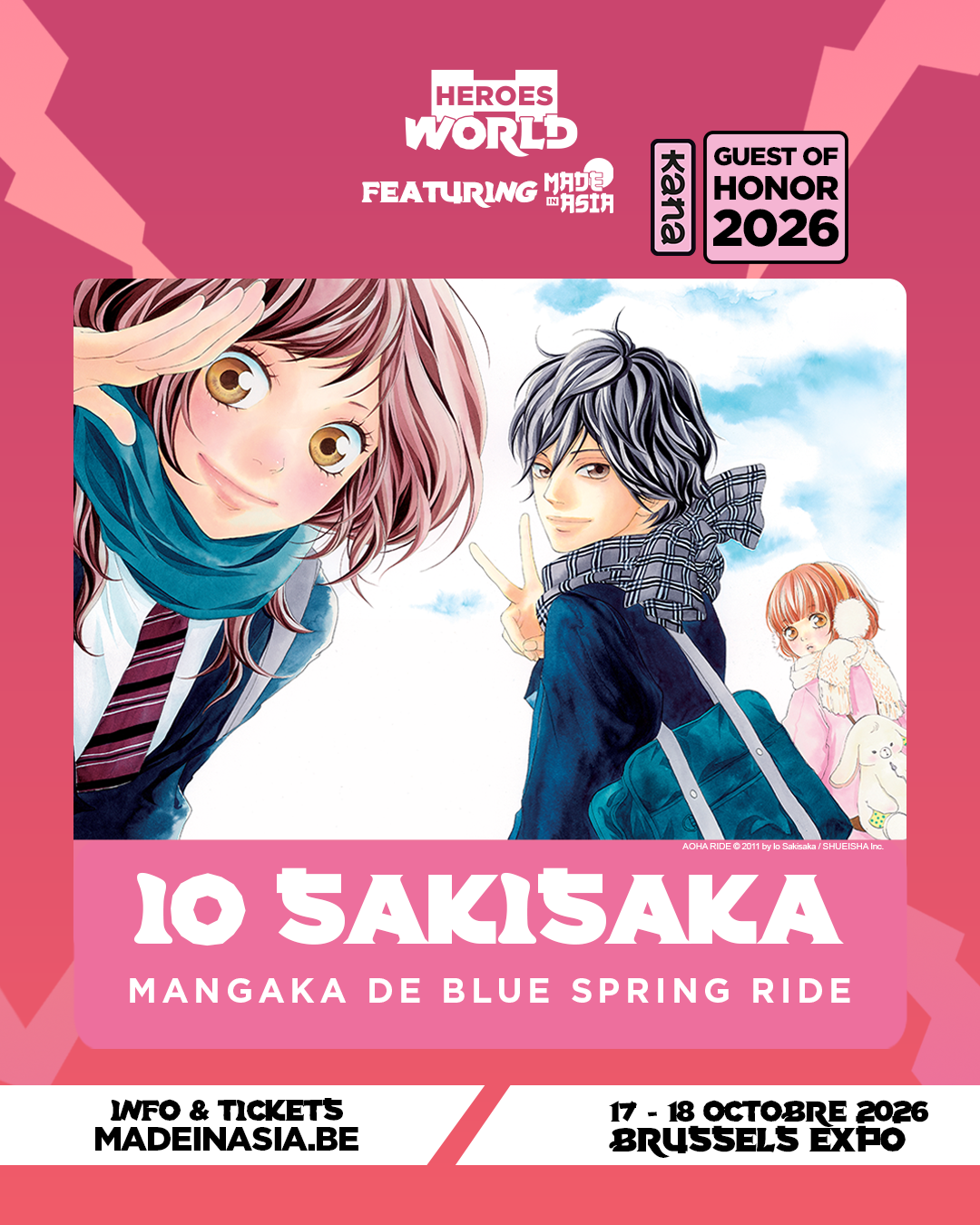 Affiche officielle Made in Asia 2026 présentant Io Sakisaka, invitée d’honneur, avec des personnages de Blue Spring Ride.